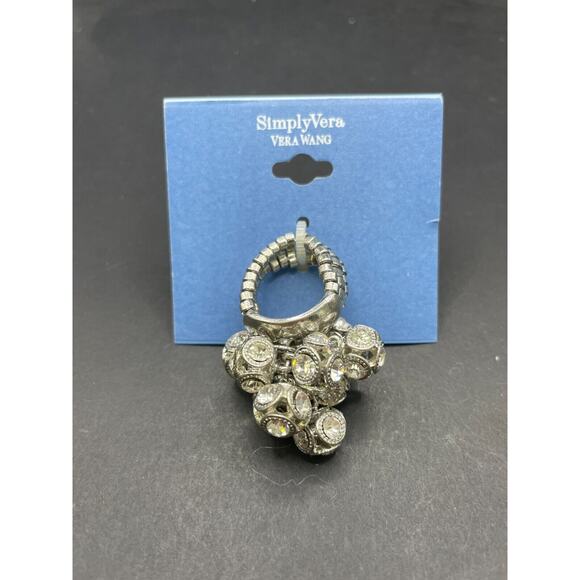 SimplyVera VERA WANG Silver Tone Dangling Clear Crystal Stretch Ring New - Picture 3 of 7